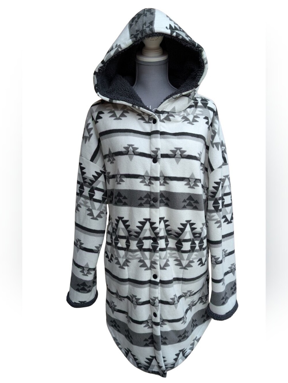 Boston Traders Southwestern Aztec Fleece Hooded Longline Jacket Sherpa S/M